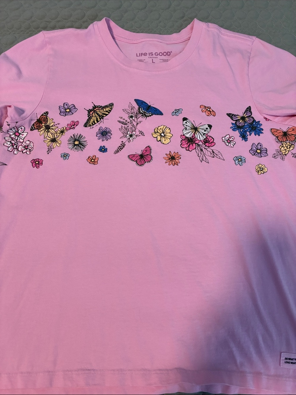 Life Is Good Pink Tee with Colorful Butterfly & Floral Row - Picture 4 of 5